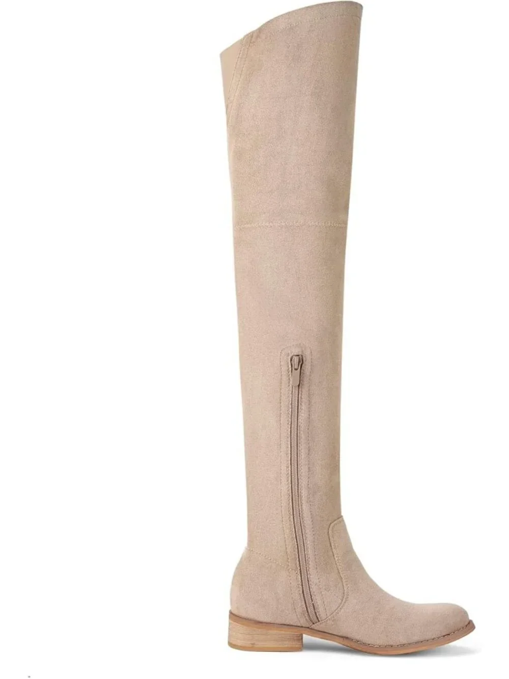 Women's Beige Low Block Heel Pointed Toe Stretch Over The Knee Thigh High Boots
